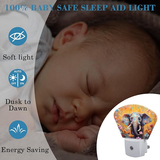 Watercolor Elephant Night Light for Kids Girls Boys, Flowers LED Night Light Plug into Wall with Dusk to Dawn Sensor for Bedroom, Hallway, Kitchen, Bathroom, Stairs Decor