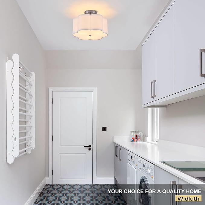 12.9" Chrome Semi Flush Mount Ceiling Light, Linen 3-Light Fixture | White Linen Petal Shade, Modern Chrome Style For Bedroom, Hallway Kitchen, Basement, Bedroom,Laundry; Close-To-Ceiling, E26