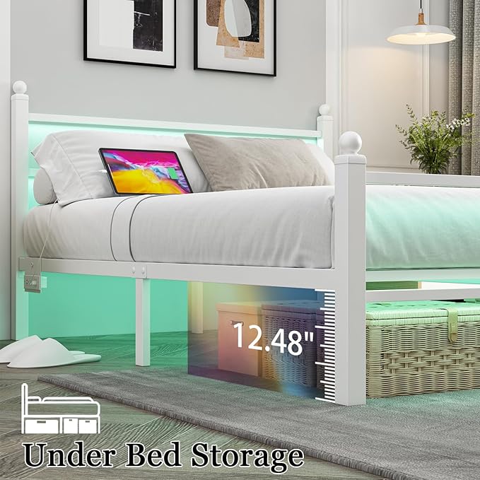 Jenmit Full Size Bed Frame with Charging Station & LED Lights,Full Metal Platform Bed Frame with Headboard and Footboard, Storage Space Under Bed,No Box Spring Needed,Noise Free, Easy Assembly, White