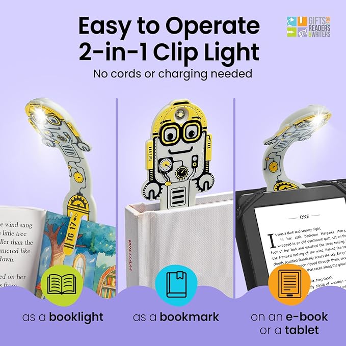 Gifts for Readers & Writers Book Light for Kids, Clip On Reading Light for Bed, 2in1 Flexilight Pals & Bookmark, Small & Lightweight with a Soft Glow, 2 Batteries Included, Robot Grey