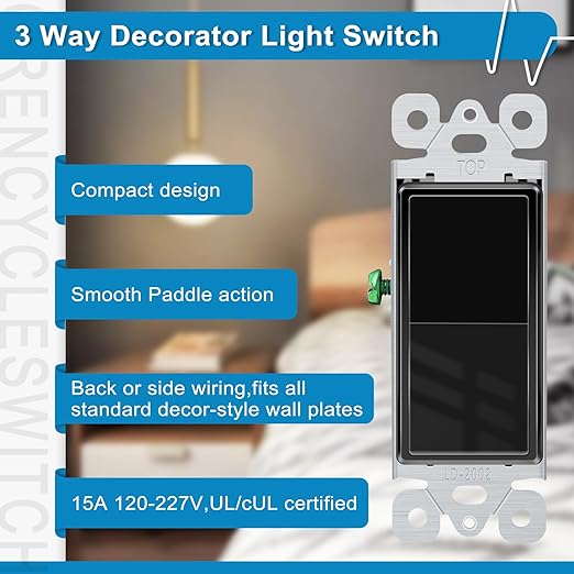 Greencycle Black 3 Way Light Switch,Three Way Single Pole Switches, 15A 120-277V Rocker Paddle Wall Switch,On Off Switches, Self-Grounding, UL Certified,Residential and Commercial Grade,4PK