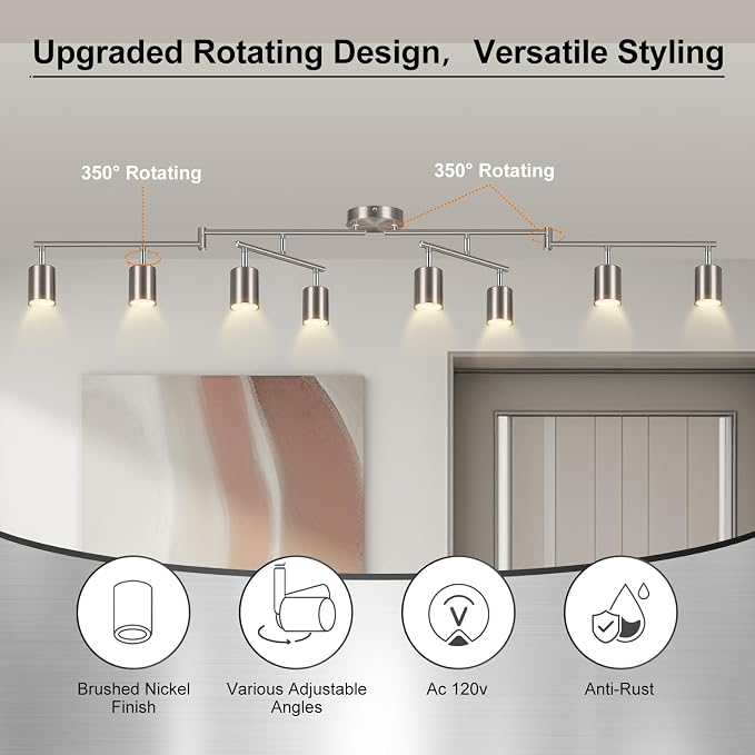 AUQUEE 8 Light Track Lighting Fixtures Ceiling, Brushed Nickel Kichen Track Lighting Fixtures, Rotatable Light Heads, Adjustable Modern LED Track Lights for Kitchen/Hallway, No GU10 Bulb