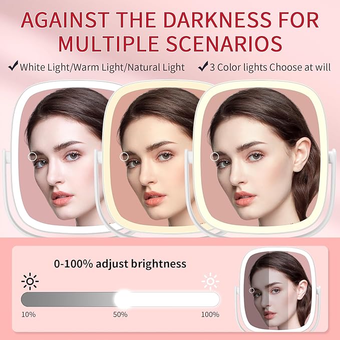 Lighted Makeup Mirror, 2600mAh Rechargeable 1x/10x Magnifying Vanity Mirror, 8.5" Height Adjustable Makeup Mirror with Lights 3 Color, 360° Rotation 2-Sided Light up Large Desk Mirror, Gifts for Women