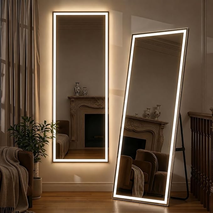 64"x21" Full Length Mirror with LED Lights, Hanging Mounted Mirrors, Aluminum Frame Mirrors with Dimming & 3 Color Lighting, Lighted Full Body Mirror for Bedroom, Dressing Room, Cloakroom