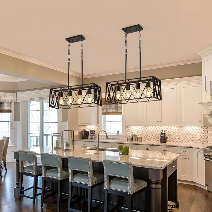 KEESFU Black Farmhouse Kitchen Island Lighting, 4 Lights Pendant Lighting Fixtures, Adjustable Height, Industrial Dining Room Light for Living Room Foyer Dining Table Over Sink.