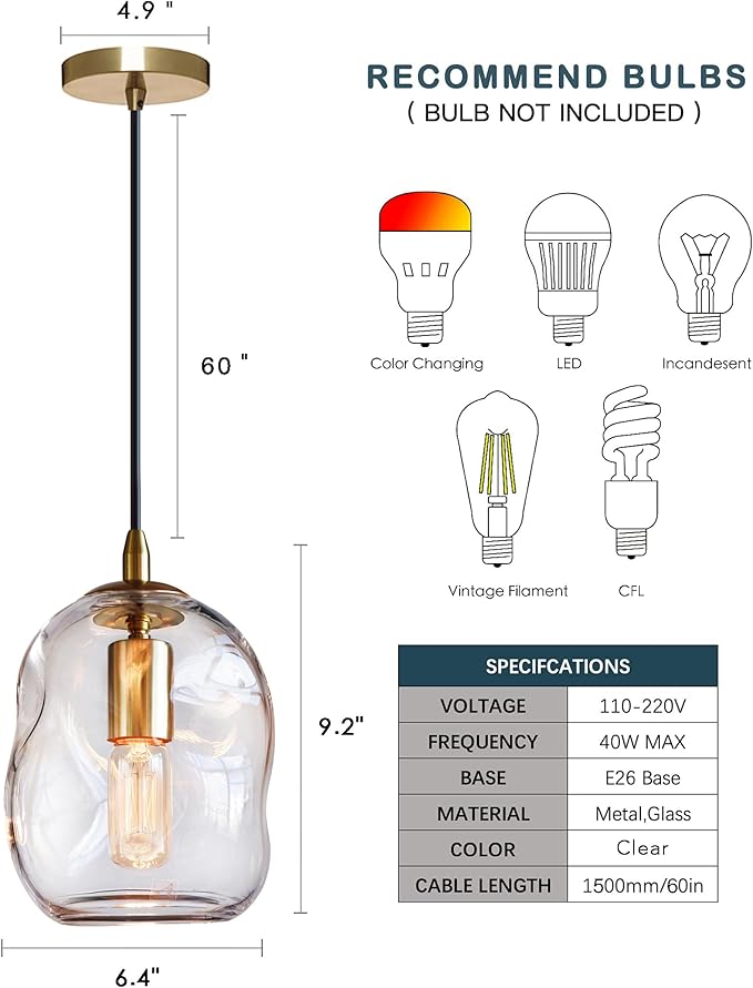 CASAMOTION Modern Glass Pendant Light Kitchen Island Brass Gold Blown Clear Glass, Organic Globe Design Industrial Contemporary Style Sink Bar Counter Porch Small Medium Lamp 8 Inch H