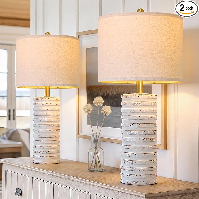 PoKat 27'' Tall Table Lamps for Living Room, Farmhouse Bedside Lamps Set of 2 for Bedroom, Rustic Ceramic Nightstand Lamps with Linen Lampshade Distressed Design for Office Entryway Hallyway (White)