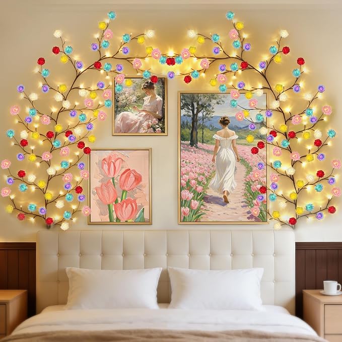 7.55FT 144LED Macaroon Rose Blossom Enchanted Willow Vine Light,Battery Box | 6 Color USB Blossom Tree Branch Lights for Wall, Remote Timer,8 Light Model,Bedroom Wall Doors Wedding, Christmas