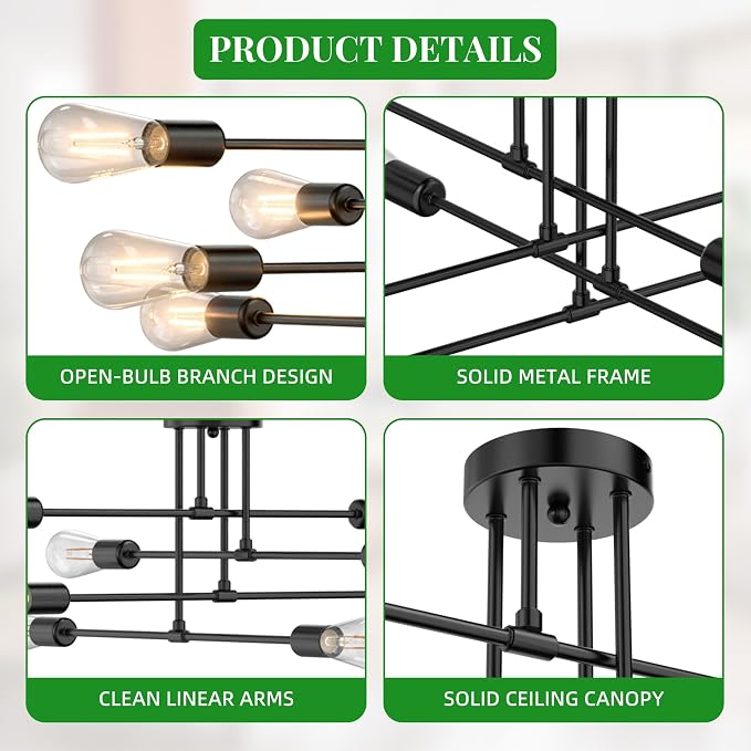 Modern Sputnik Chandelier Ceiling Light Fixtures, 8-Lights Mid Century Industrial Metal Semi Flush Mount for Dining Room, Bedroom, Living Room-Black