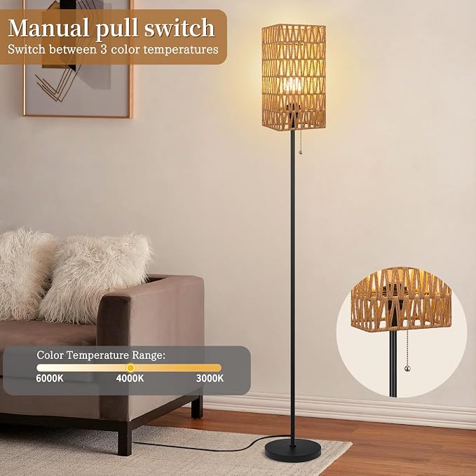 Ruiever Floor Lamp for Living Room,Farmhouse Floor lamp,Modern Standing lamp with Hand-Worked Rattan Shade (Square Shade-3 Color Blub)