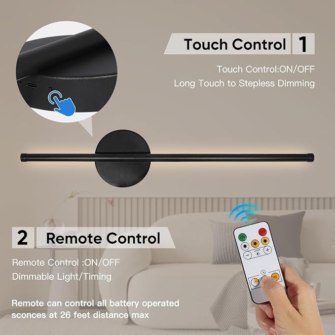 Battery Operated Wall Sconces Set of Two, Wireless Wall Sconces 24 Inch | Rechargeable, Remote Control, Dimmable, Cordless Wall Light Decor for Living Room, Bathroom, Hallway, Timing, Black