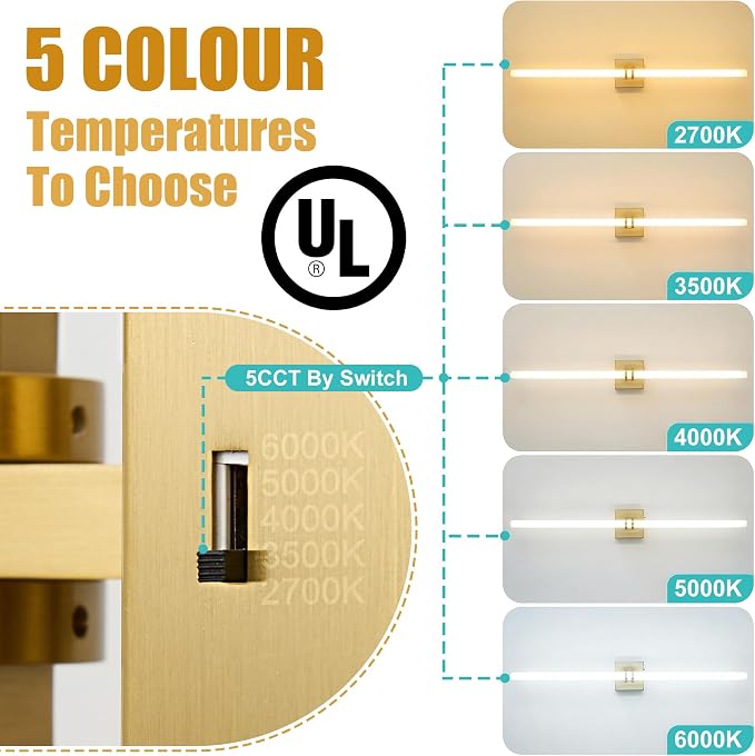 Gold Bathroom Light Fixture LED Vanity Light 37.4" 5CCT Wall Sconce | LED Dimmable Wall Light Modern 360° Lighting, 35W Hardwired Vanity Light for Bathroom Mirror, Flicker-Free Easy Install