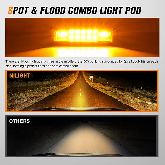 Nilight 6 Inch Amber LED Light Pods 2 PCS 60W Flood Spot Combo Beam Off Road Work Driving Fog Lighting for 12V 24V ATV UTV Pickup Truck Tractor Boat