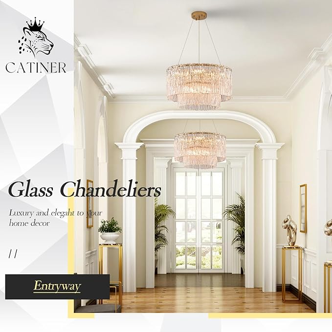 Modern Gold Chandeliers,20” Crystal Glass Pendant Ceiling Light Fixtures 7-Light Round Chandelier Luxury 2 Tiers Hanging Chandelier for Dining Room Foyer Living Room Bedroom