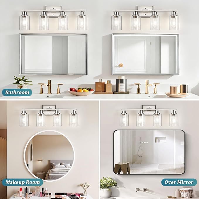 Modern Brushed Nickel Bathroom Light Fixtures, 4-Light Vanity Lights Over Mirror with E26 LED Bulbs Included, Wall Sconce with Clear Glass Shades for Living Room Bedroom Hallway Kitchen