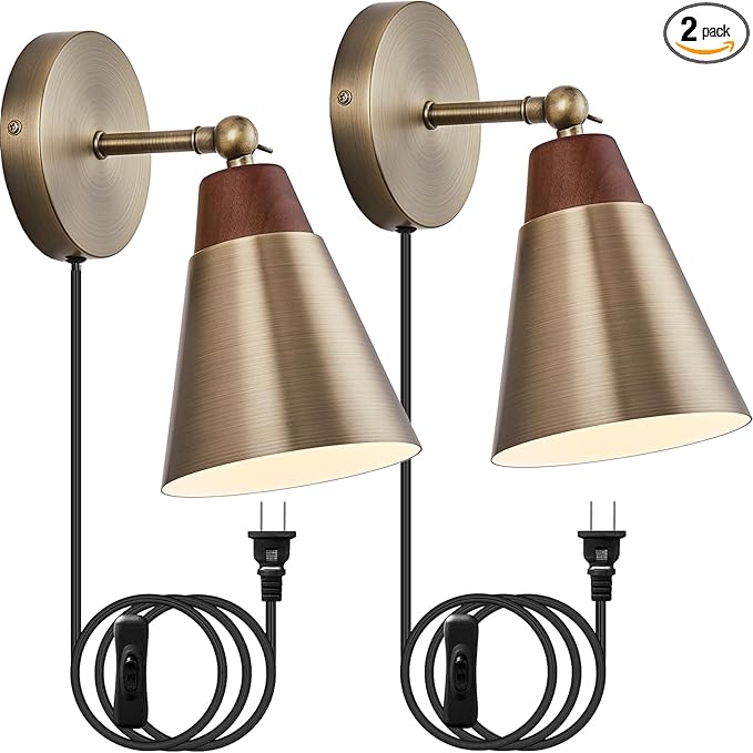 Wall Sconce Set of 2, Wall Sconce with Metal Shade, Plug Switch, Indoor Decor Wall Mount Swing Arm Lamp for Bedroom,Hallway,Living Room,Reading, Vintage Brass