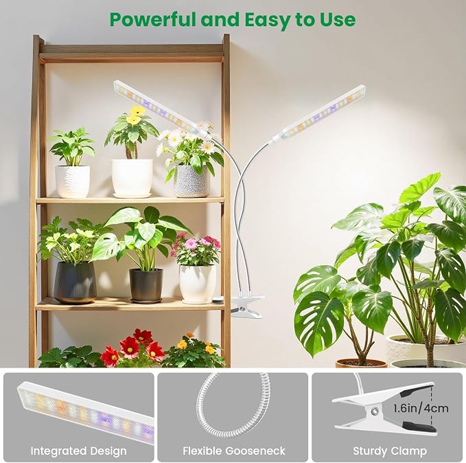Aumtrly Plant Lights for Indoor Growing, 2 Head White Clip on Grow Lamp | 114 LED Full Spectrum, for Seed Starting, 6/12/16H Timer, 5 Dimming, 3 Light Modes, Flexible Gooseneck, Use Desk and Shelves