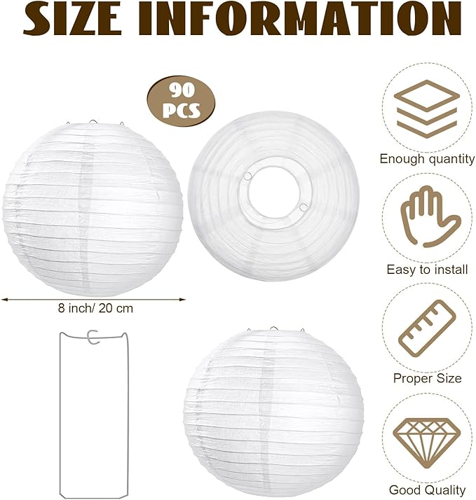 Treela 90 Pack White Chinese Japanese Paper Lanterns Decorative Hanging Ball Paper Lantern Lamps for Wedding Birthday Party Baby Shower Home Decorations(8 Inch)