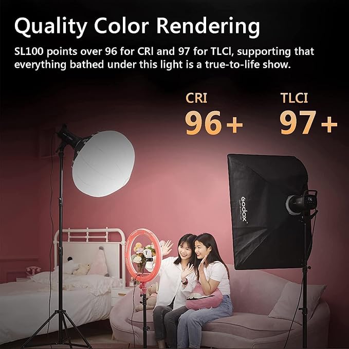 Godox SL100Bi 100W Bi-Color LED Video Light – 32,100 Lux@1M, 2800K-6500K, CRI 96+, TLCI 97+, Bowens Mount, 11 FX, App & Remote Control, Silent Studio Bright Lighting for Video & Photography