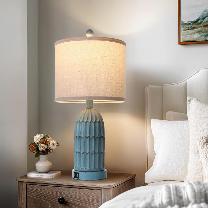Coastal Table Bedside Lamps Set of 2, Farmhouse 3-Way Dimmable Touch Nightstand Lamp with 2 USB Charging Ports, Vintage Bedside Lamp for Bedroom Living Room End Table Retro Blue