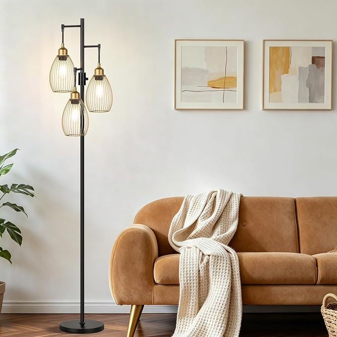 Dimmable Floor Lamp,3x800LM LED Bulbs Included, Farmhouse Industrial Floor Lamp Standing Tree Lamp with Teardrop Cage Head Tall Lamp for Living Room Bedroom Office Dining Room - Black Gold Edge