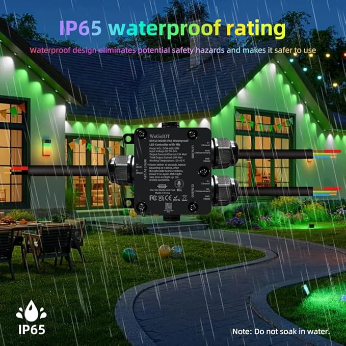 Waterproof ESP32 WLED Controller with Mic , Project for Pool Boat Landscape Outdoor Lights IP65 Dynamic RGB IC DIY Lighting WiFi APP Control for WS2812B DC5-24V RGBW LED Controller (2 Channel)