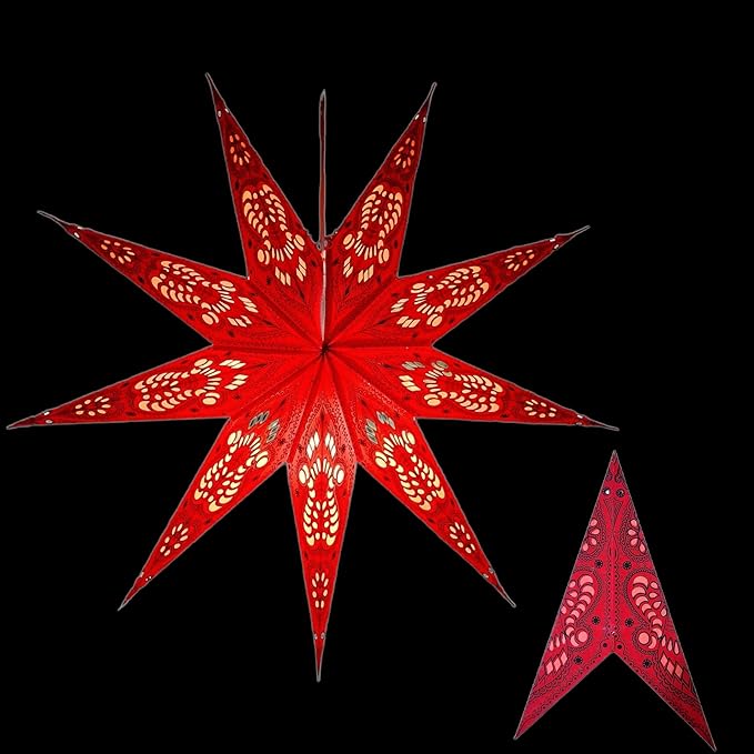 Lantern Lampshade 9 Pointed Paper Star Light Shades Large 60cm Star Hanging Decorations for Christmas Wedding Home Decoration Birthday Party (Red, Black)