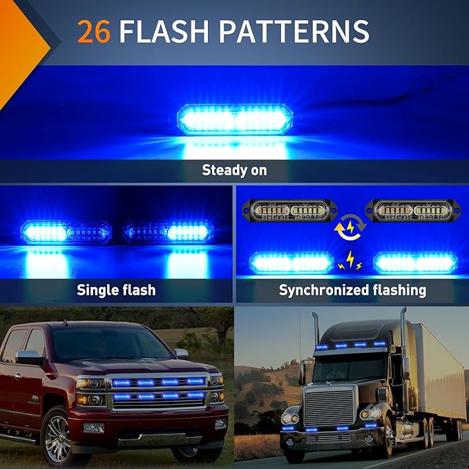 Nilight 8PCS Led Strobe Lights 12LED Blue Emergency Light 12V 24V Surface Mount Flashing Warning Hazard Beacon Ultra Slim Sync Feature Mini Grille for Cars Trucks Off Road Vehicles SUV