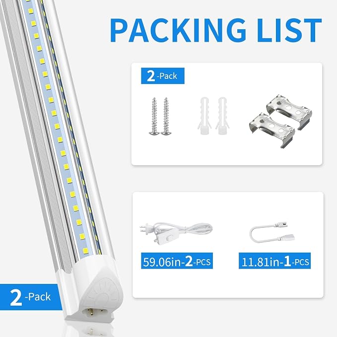 CNSUNWAY LED Shop Light 2FT, 22W 3300LM 3000K, V-Shape T8 LED Tube Light | Utility Linkable Shop Lights, Under Counter Light for Workbench, Kitchen, Basement, Plug and Play, 2 Pack, ETL Listed