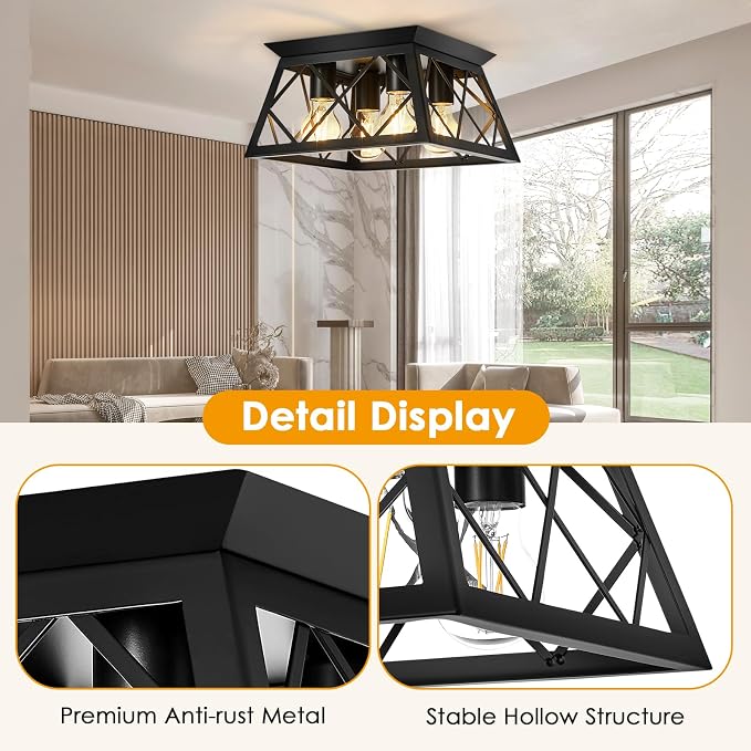 Ceiling Light,4-Light Flush Mount Ceiling Light,Farmhouse Square Light Fixtures Ceiling Mount,Modern Black Ceiling Light Fixture,Kitchen Lighting Fixtures Ceiling,Light Fixture For Bedroom,Hallway | Modern Black Ceiling Light Fixture,Light Fixtures Cei...