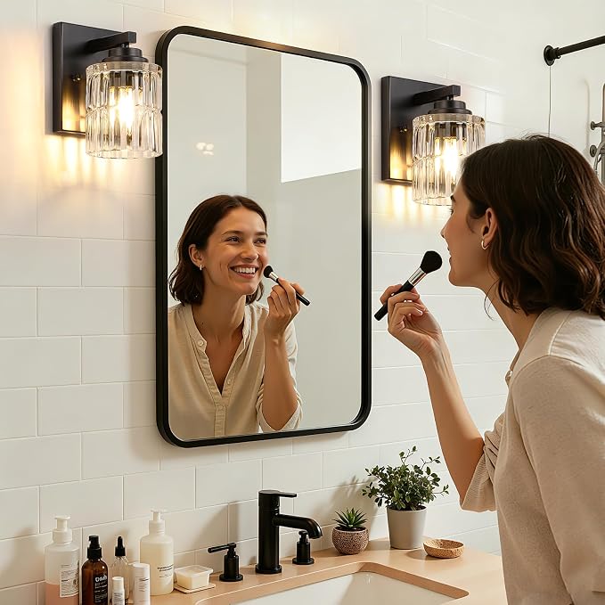 TALOYA Brushed Black 2 Pack Wall Sconces with Fluted Cylinder Glass Shade | Modern Vanity Lighting Fixtures, Bathroom Lights Over Mirror, Wall Mount Mirror Light Fixtures for Bathroom Hallway Bedroom