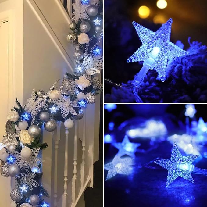 Minetom 33ft Blue and White Star String Lights Plug in | 100 LED, Remote and Timer, 8 Modes, Waterproof for Tent Loft Bed Backyard Patio Balcony Staircase Classroom Decor