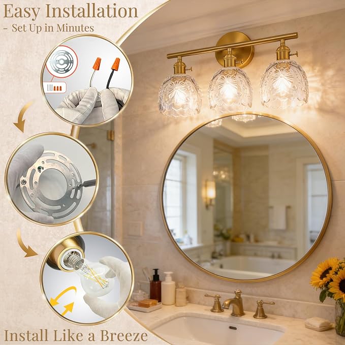 Hamilyeah 3-Light Bathroom Vanity Light Fixture, Brushed Brass Gold Wall Light with Clear Embossed Floral Glass Shades, Vintage Glass Vanity Lighting for Mirror, Powder Room, Bedroom, Hallway, Modern