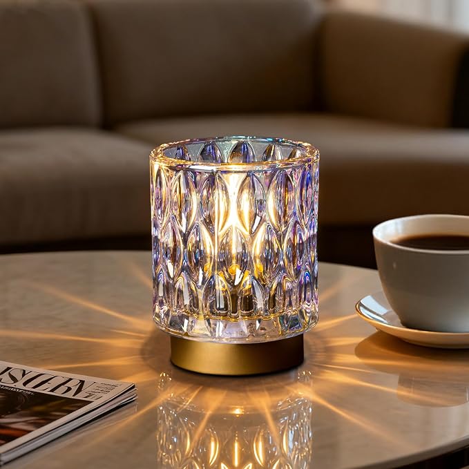Battery Operated Table Lamp Timer, Small Cordless Lamps Decorative, Pearl | Mini Crystal Lamp for Area No Plug, LED Battery Powered Lamps Wireless, Glass Accent Light for Bathroom Fireplace Shelf Decor