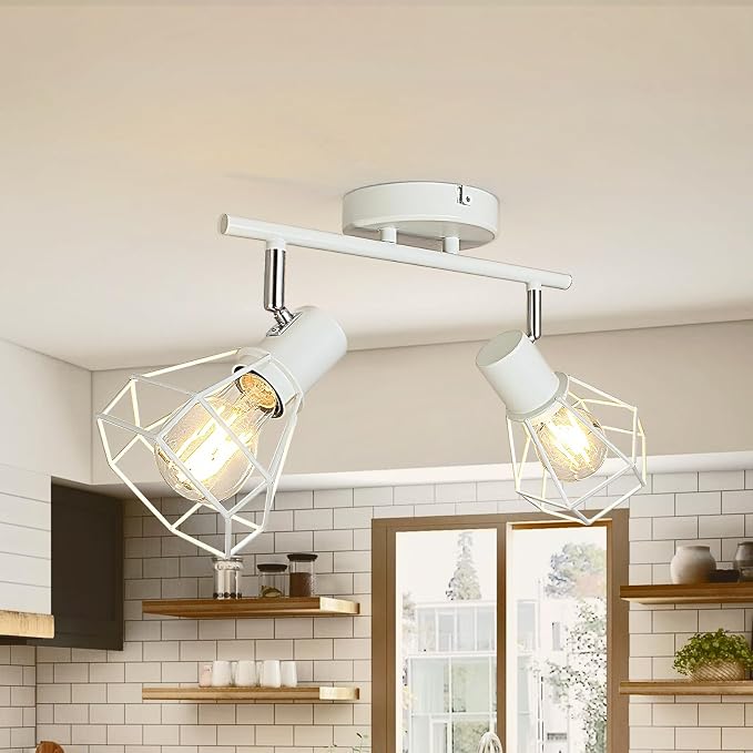HiBay 2-Light Ceiling Track Lighting Fxiture White, Modern Spotlight, E26 | Rotatable 2 heads with farmhouse metal cage shade for kitchen bedroom bedside wall, bulb not included