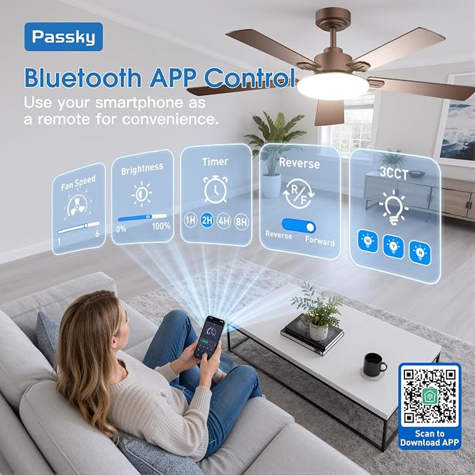 Passky 52 Inch Brown Sleek Ceiling Fans with Lights, Remote Control | 3-color dimmable light, quiet reversible DC motor, easy install, memory, Timer, APP, bedroom, covered outdoor areas