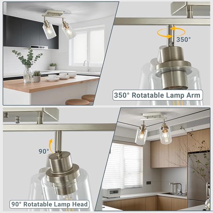LOUSACE 2 Light Brushed Nickel Bathroom Vanity Track Light Fixtures Ceiling Mount Kitchen Track Lighting Kit with Clear Glass Shade, Modern Wall Ceiling Rotatable Tracking Light Heads for Accent Shop