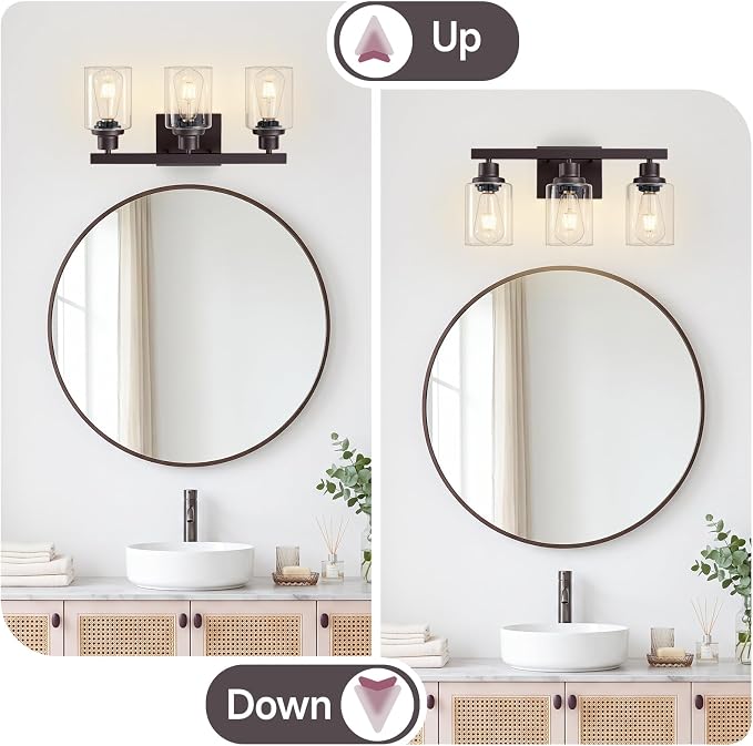 3 Light Bathroom Vanity Light,Oil Rubbed Bronze Vanity Lights 17" | Bronze Bathroom Light Fixtures over Mirror,with Clear Glass,Modern Wall Sconces for Bathroom,E26 Base