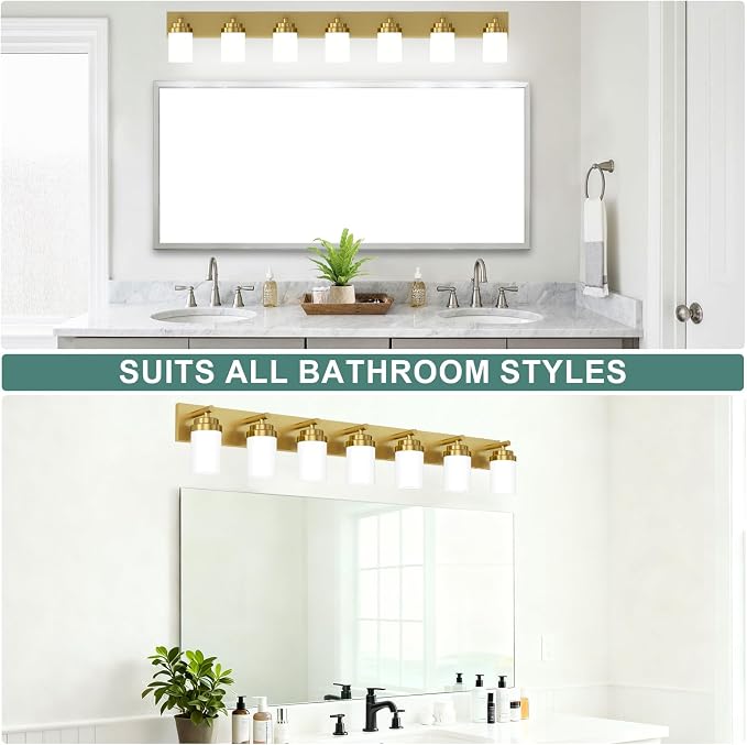 IZORRO Bathroom Vanity Light Fixture, 7-Light 52 inch Gold Bathroom Light Fixtures Over Mirror, with White Glass Shade, Modern Farmhouse Vanity Lights, Rustic Restroom Lighting Fixtures