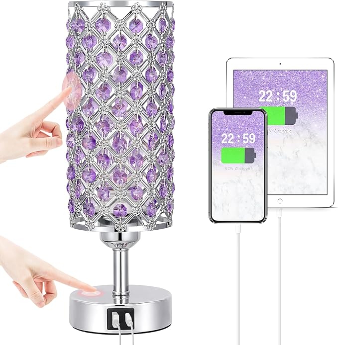 Hong-in Purple Lamp for Girls Room-Crystal Touch Lamp with USB-C+A Ports,3 Way Dimmable Bedside Light with Crystal Shade for Bedroom Home Office