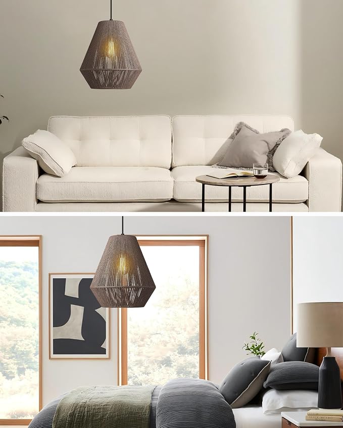 ELYONA 12” Woven Japandi Pendant Light for Kitchen Island Boho Hanging Lamp with Handwoven Rattan Basket Shade Adjustable Pendant Light Fixtures for Dining Room Bar Bedroom Foyer Hallway Dark Brown