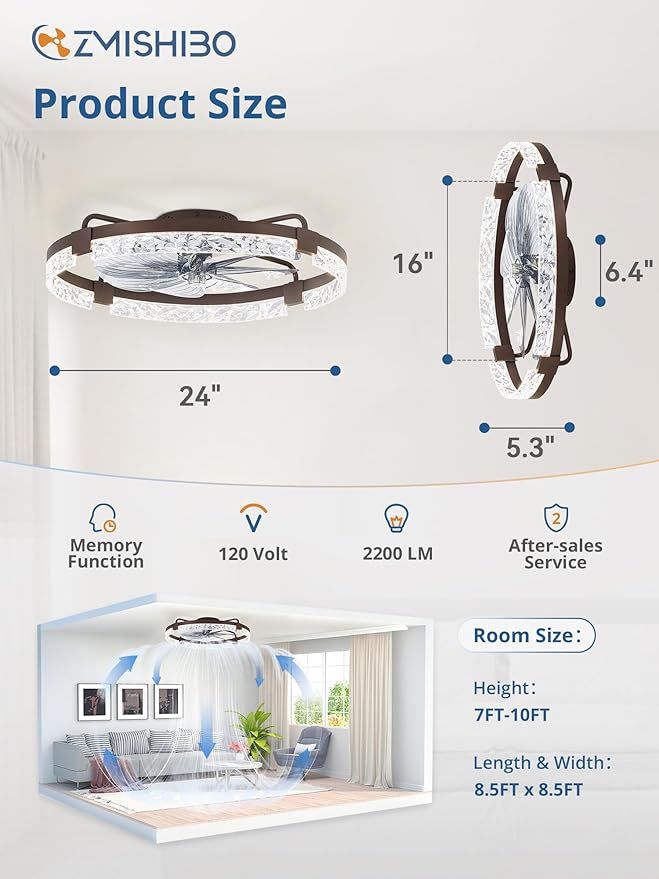 ZMISHIBO 24 Inch Ceiling Fans with Lights, Flush Mount Remote & App Control | 3CCT Dimmable LED, DC Motor, Bladeless, Reversible Blade, 6 Speeds, Modern, Low Profile, Enclosed, Bedroom, Kids, Girl, Adult