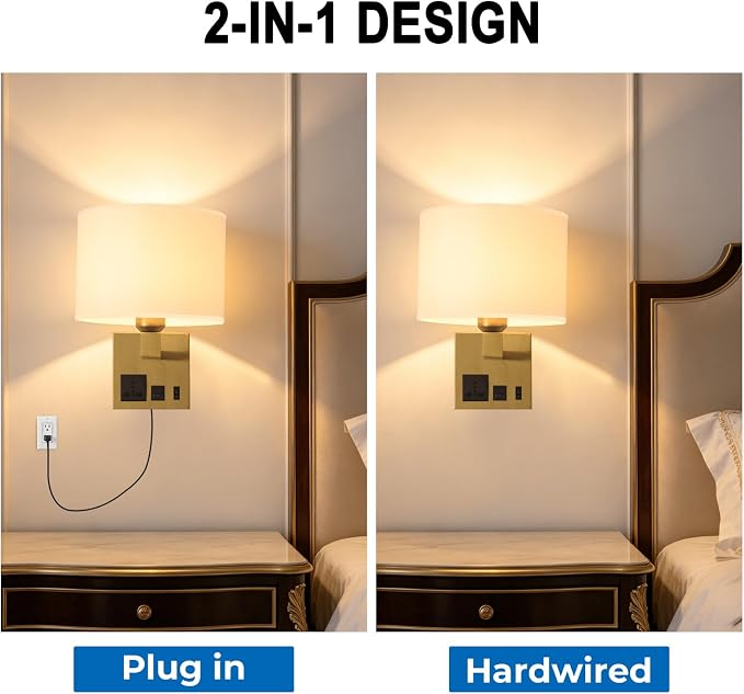 Plug in Wall Light, Wall Lamp with Brass Base Cylindrical Shape | Wall Light for Living Room Bedroom Hotel, Bedside Lamp Bulb Included, Wall Mounted Lamp with AC Outlet & USBA+C Charging Port