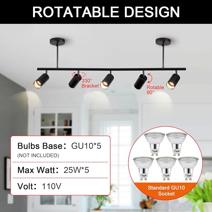 5-Light LED Track Lighting Kit Black Track Light Flexibly Rotatable Light Head Modern Spot Lighting for Kitchen Living Room Dining Room Bedroom Closet Bar