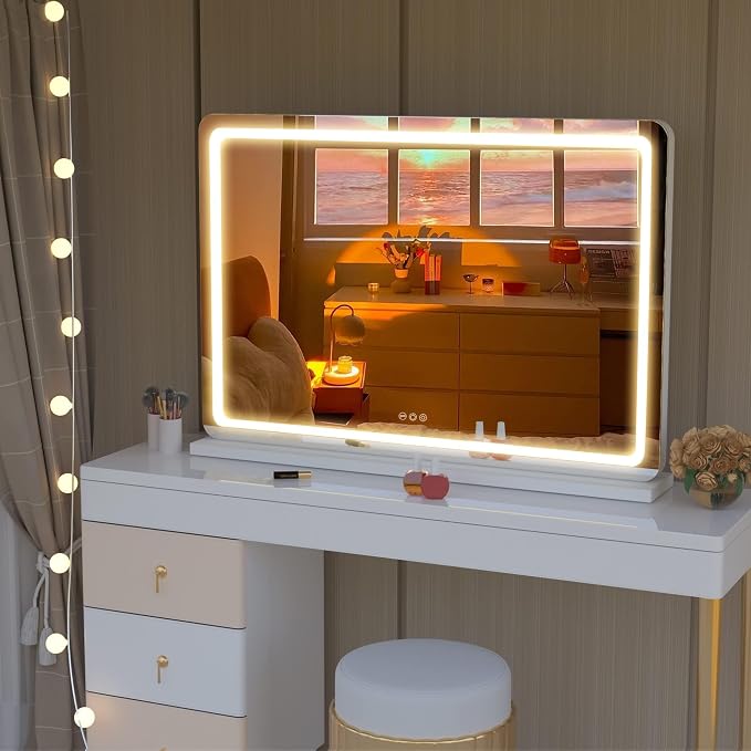 Hasipu Vanity Mirror with Lights, 31.5" x 22" LED Makeup Mirror, Lighted Makeup Mirror with Dimmable 3 Modes, Touch Screen Control Vanity Mirror Round White