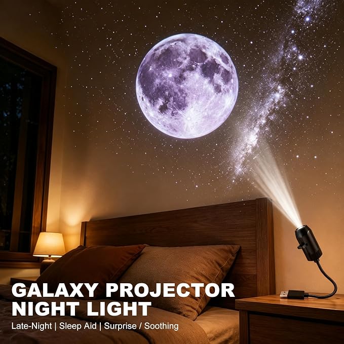 Plug and Play Star Projector Night Light, 2-in-1 Galaxy Projector Night Light, 360° Flexible Neck, Interchangeable Theme Discs, Portable Galaxy Lamp for Bedroom, Party, Home Theater(17 Slides)