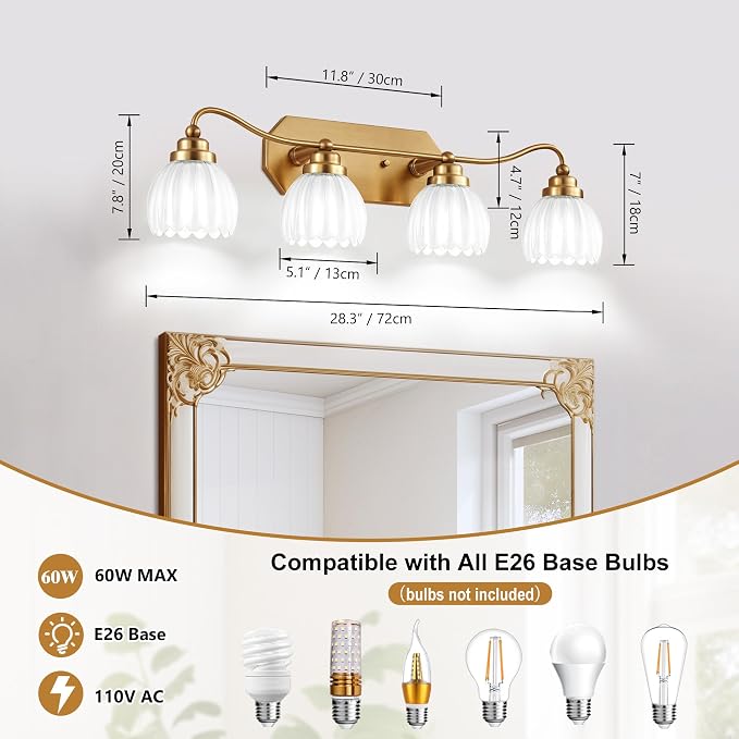 4 Light Gold Vintage Vanity Lights, Antique Brass Finish | Milk White Tulip Crystal Shades,Brushed Gold Bathroom Light Fixtures, Wall Sconce Ideal for Bedroom,Hallway,Easy to Install
