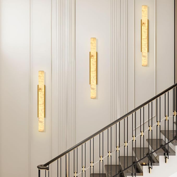 Natural Alabaster Wall Sconces, 36" Large Bronze Wall Sconce, Modern Gold LED Sconce, Cylinder Spanish Marble Sconces Perfect for Living Room, Bedroom, Hallway, Stairs