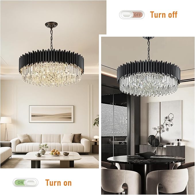 30" Modern Black Crystal Chandelier 12 Lights 6-Tier Large Ceiling Pendant Light Fixture Hanging Ceiling Light for Dining Room Living Room Bedroom Entryway Foyer