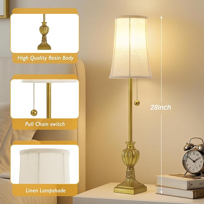 Buffet Table Lamps Set of 2 - 28" Tall Skinny Brass Resin Finish Table Lamp for Living Room - Traditional Farmhouse Buffet Lamp with Pull Chain for Console Table,Dining Sideboard,Entryway,Hallway